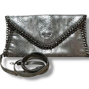 Guess Silver Faux Snakeskin Embossed Crossbody Clutch Handbag Purse